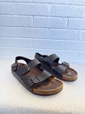 Birkenstock Dark Brown Leather Two-Strap Sandals with Backstrap